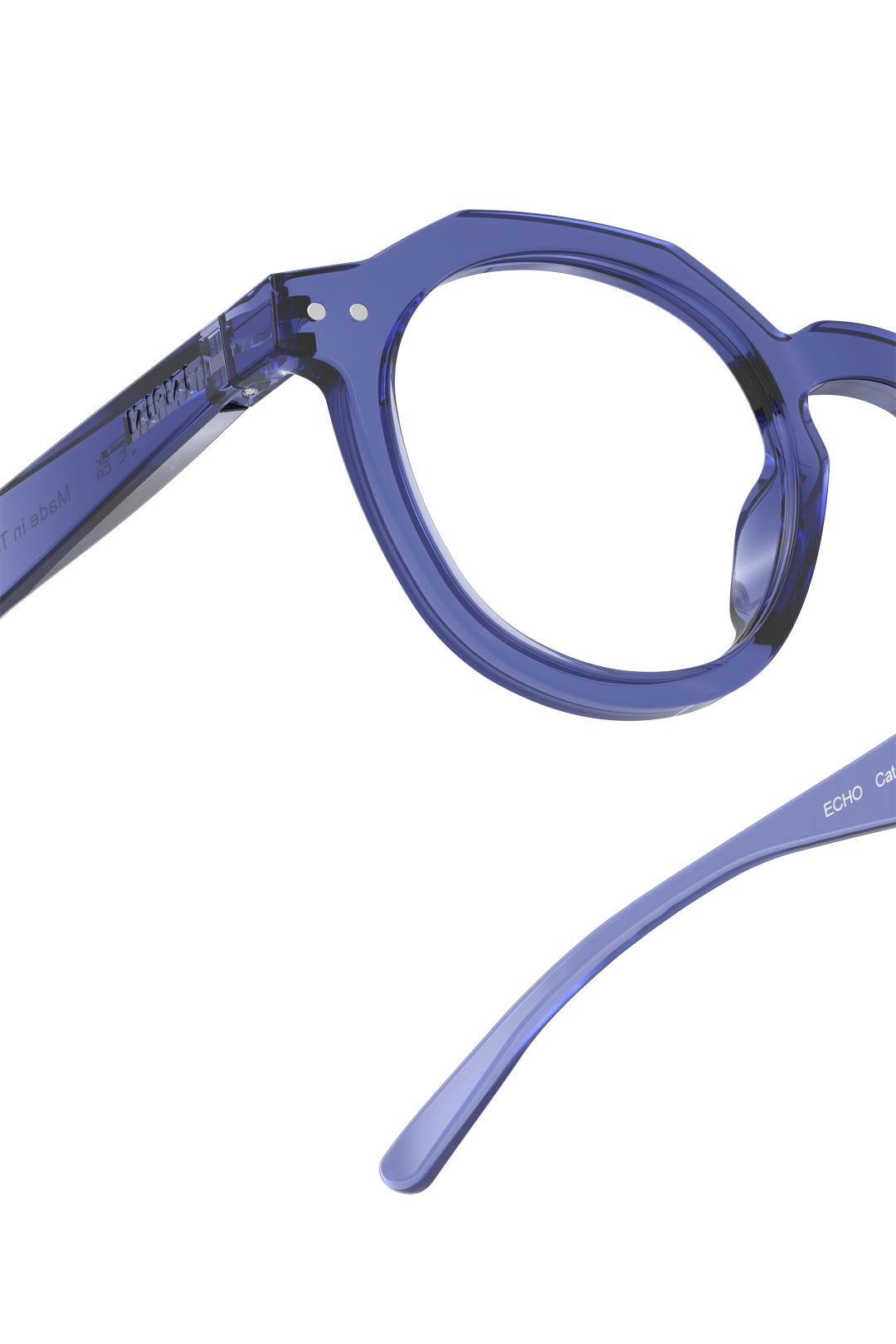 Close-up of Izipizi round blue fashion reader glasses isolated on a white background.