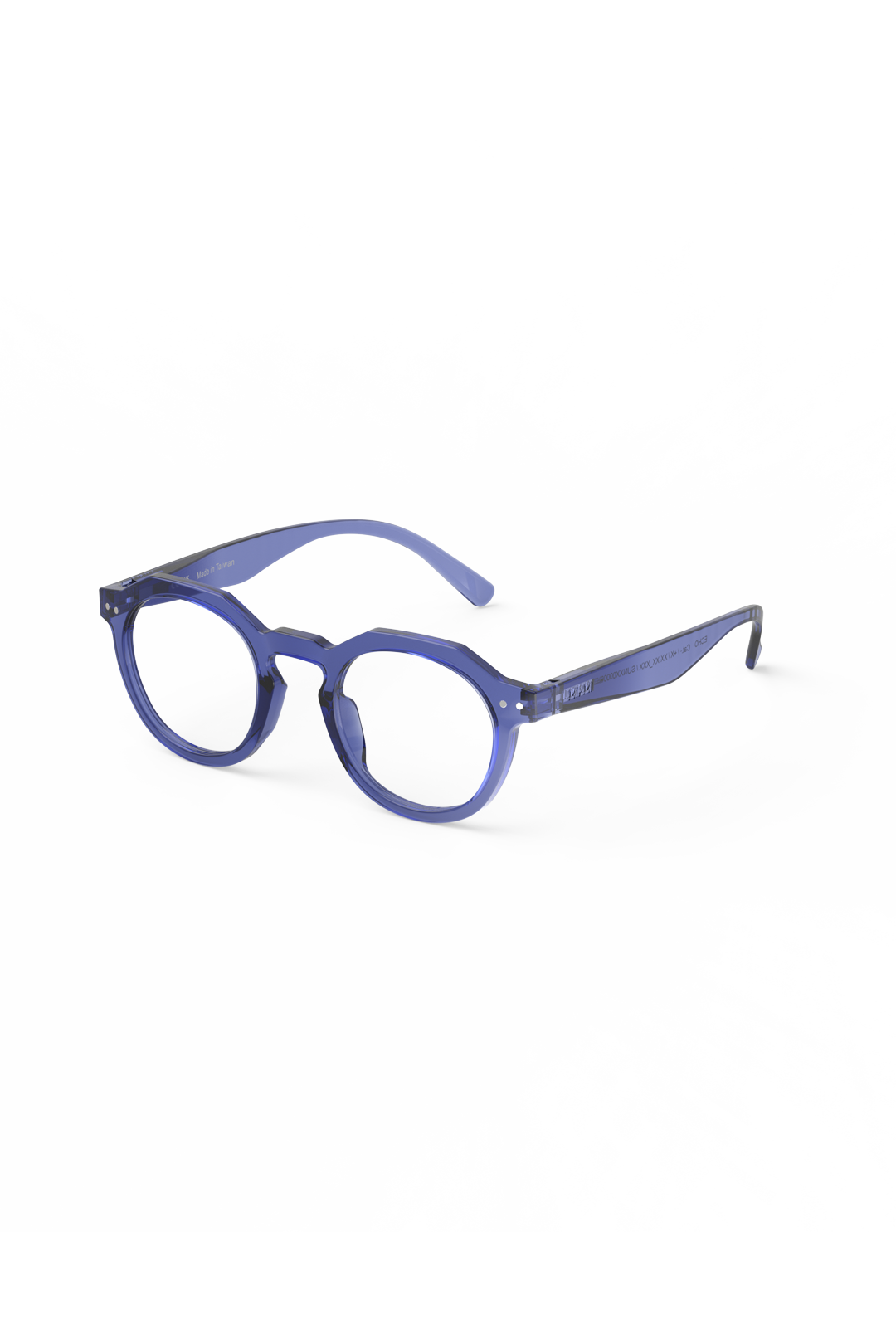 Stylish Izipizi round blue readers with a translucent frame isolated on a white background.