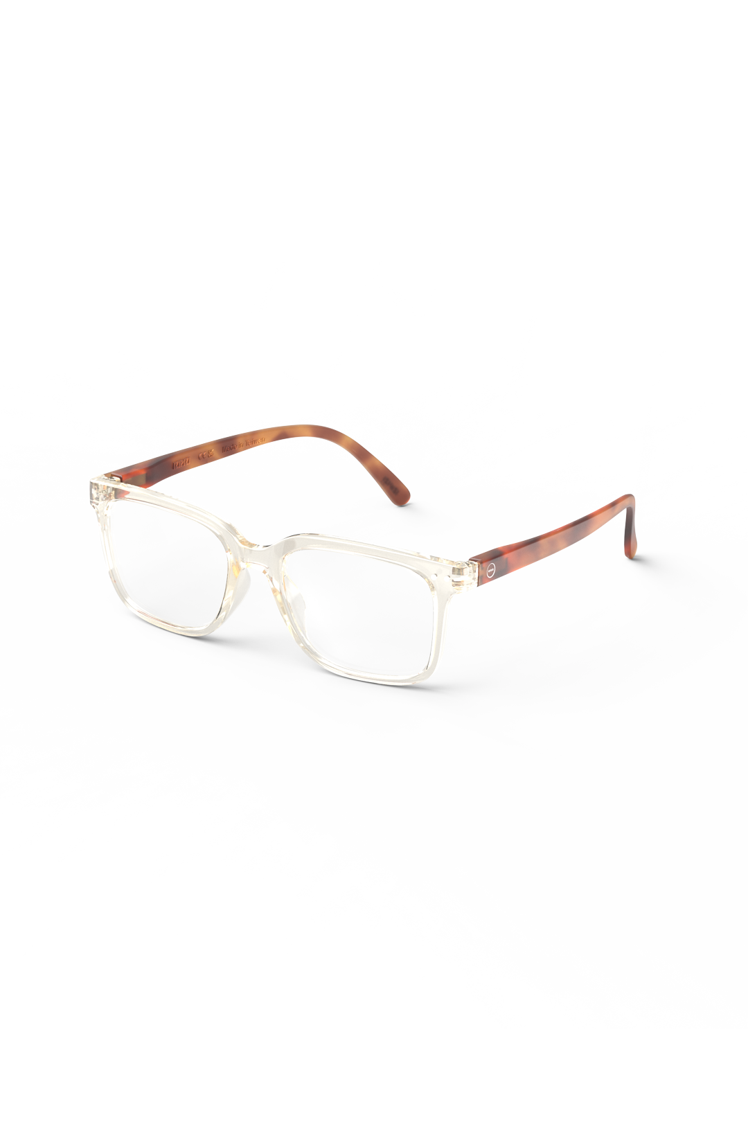 A pair of Izipizi Sand Storm fashion readers with clear frames and brown temple arms on a white background.