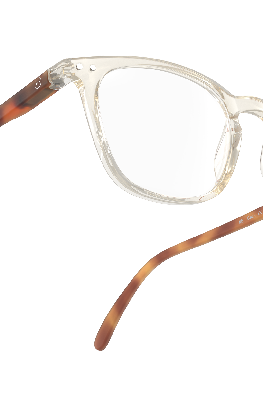 Close up of Izipizi sand storm glasses with clear frames and brown tortoise shell temples.