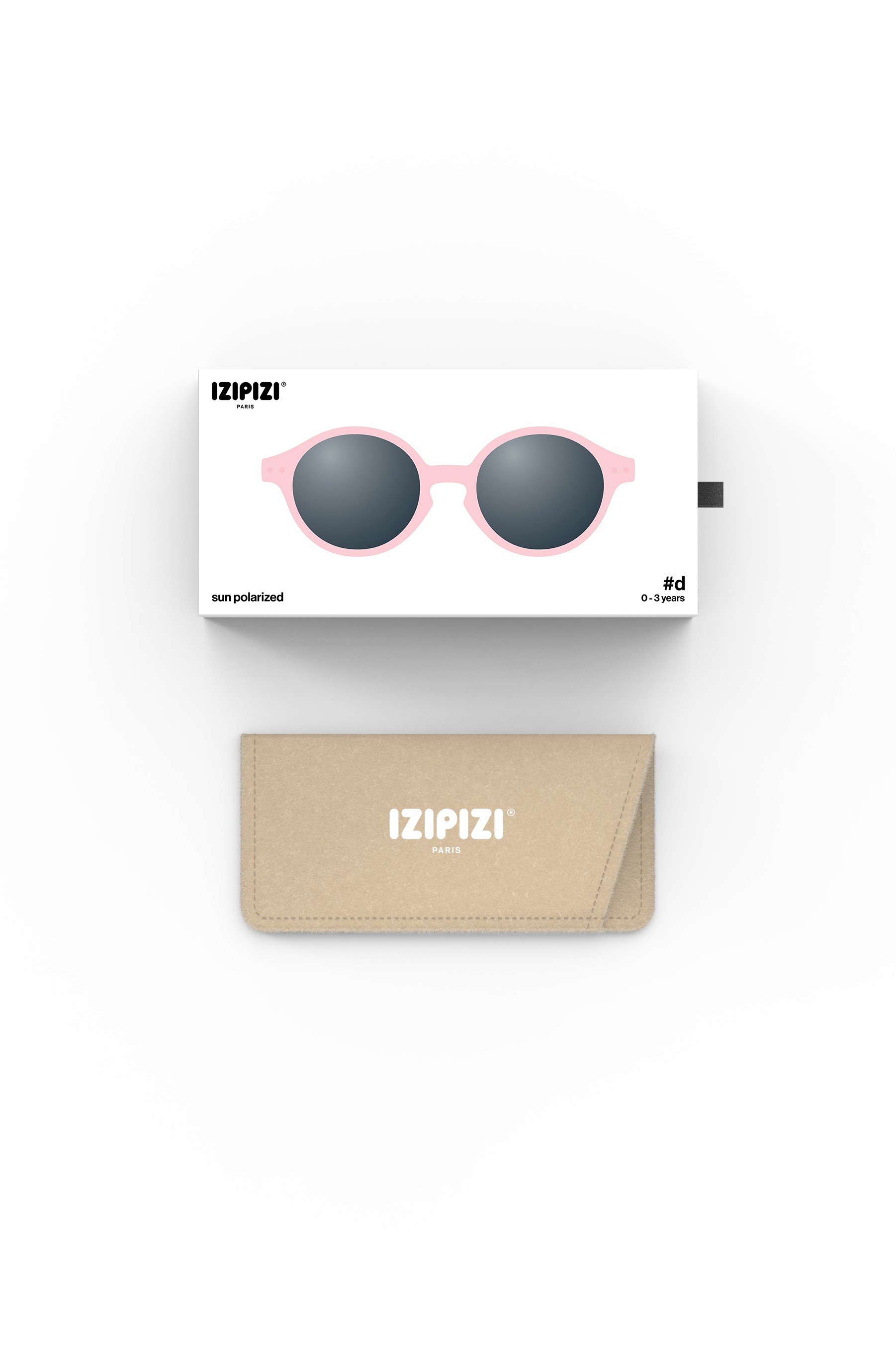 Pink sunglasses with 'izipizi' branding on a white background