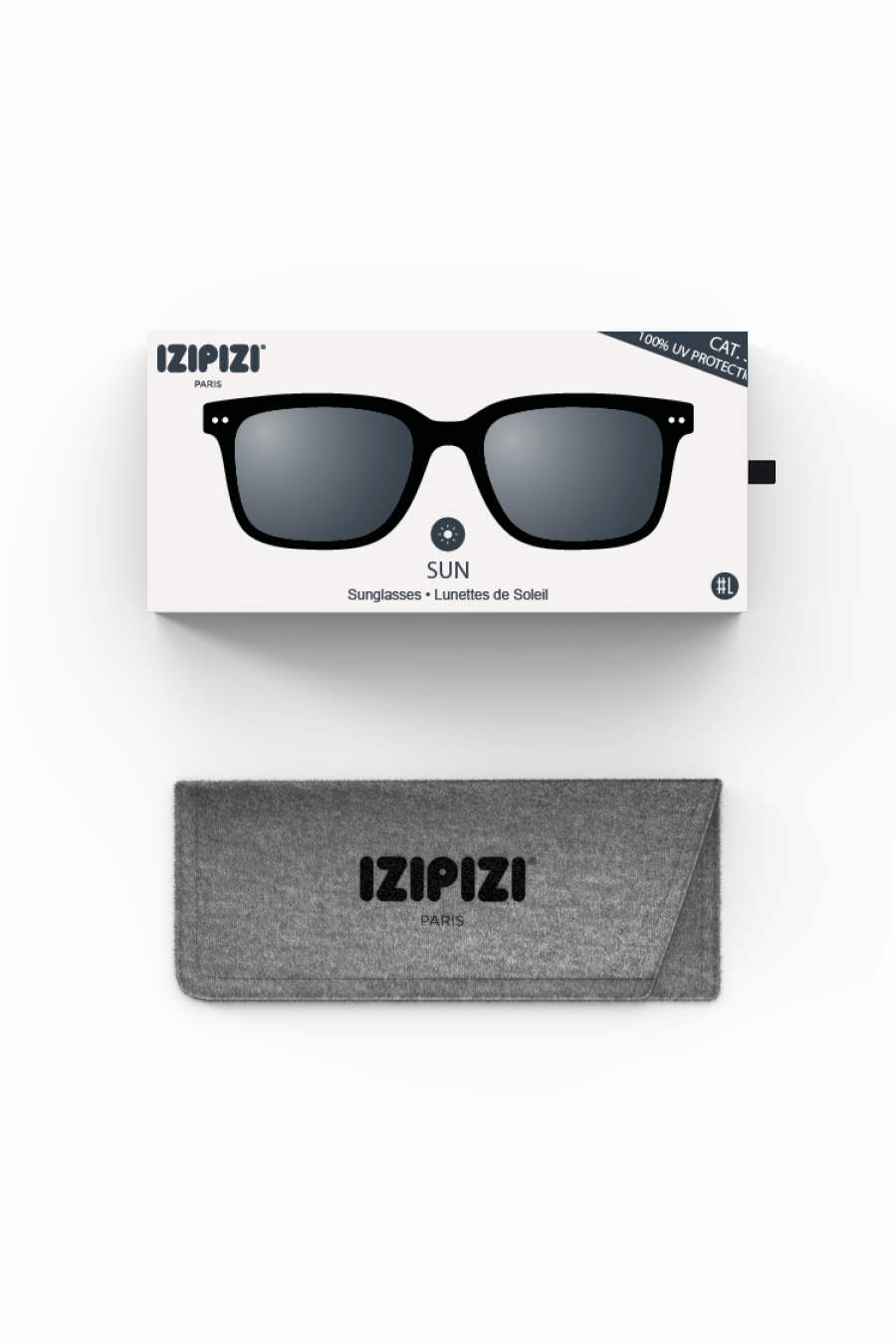 Izipizi sunglasses packaging box displayed above a grey felt carrying case on a plain background.
