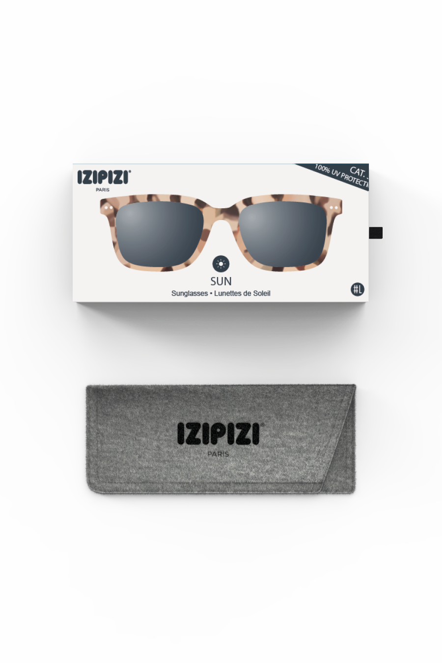 Izipizi tortoise shell sunglasses displayed on product packaging with a grey felt protective case.
