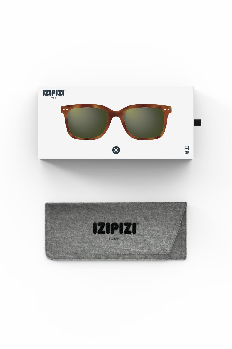 Tortoise shell Izipizi #L sun sunglasses with protective grey felt case on a white background.