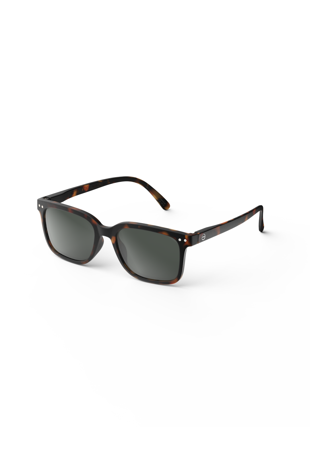 Pair of Izipizi tortoiseshell sunglasses with green lenses displayed on a white surface.