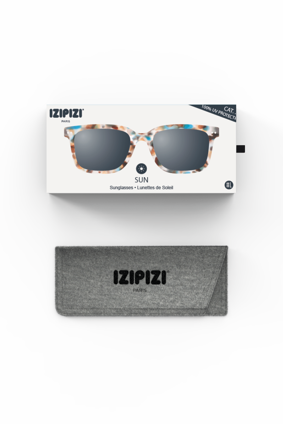 Izipizi sunglasses in a white product box with a grey felt protective case on a plain background.