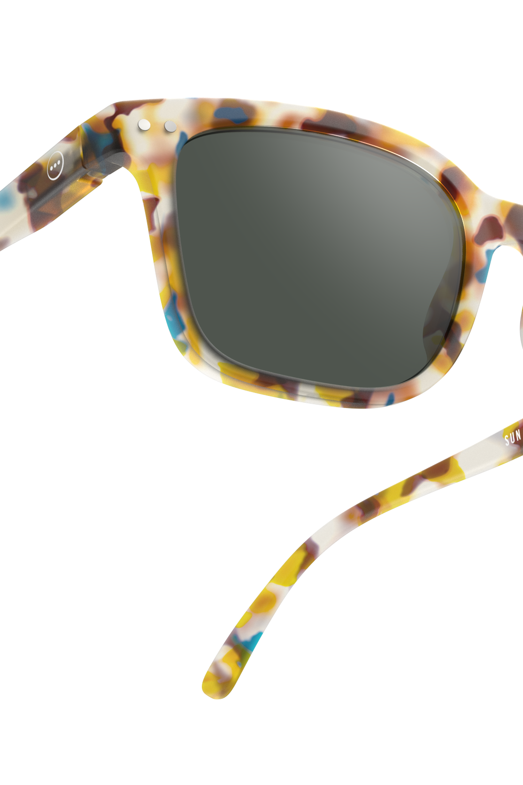Close-up of Izipizi tortoiseshell pattern sunglasses with dark grey lenses on a white background.