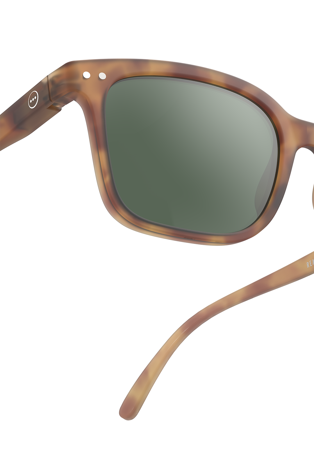 Close-up of Izipizi tortoiseshell frame sunglasses with green lenses.