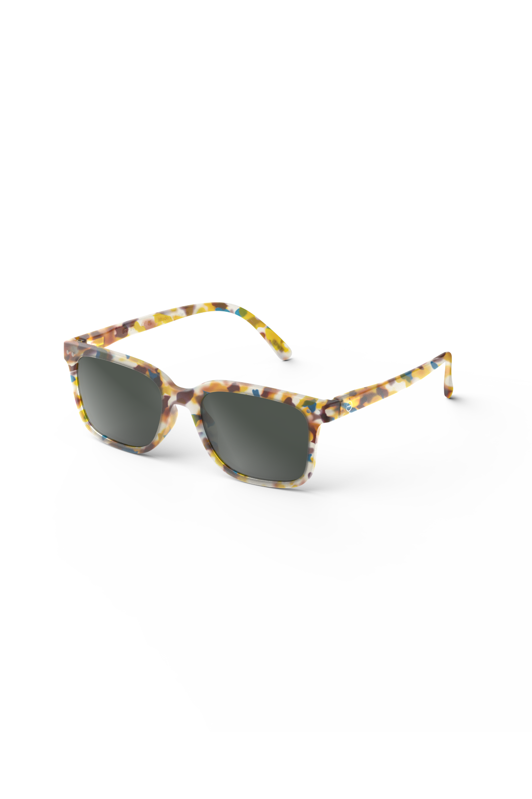 Izipizi sunglasses with a colorful tortoiseshell pattern and dark grey lenses on a white background.