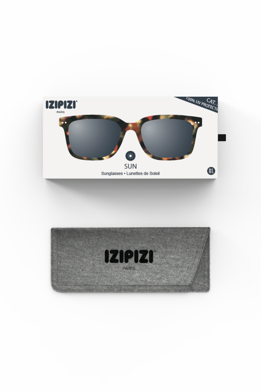 Izipizi Paris tortoiseshell sunglasses displayed in their branded retail box with a grey felt carrying case below.