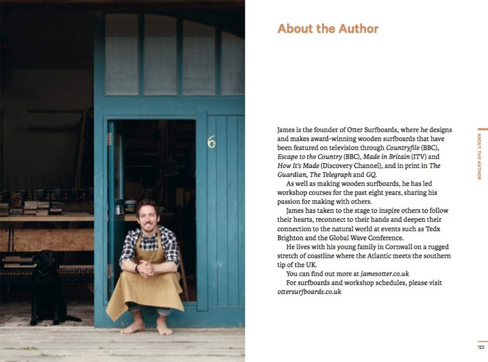A printed page from a book with a large color photograph on the left showing a man sitting in front of a blue wooden door, and a text section on the right headed 'About the Author' with biographical copy about James and his work with wooden surfboards.