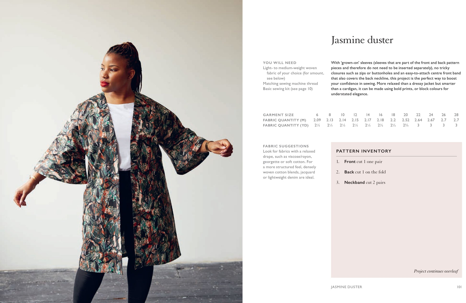 A model wearing a Jasmine duster jacket with an abstract print design shown next to sewing pattern instructions