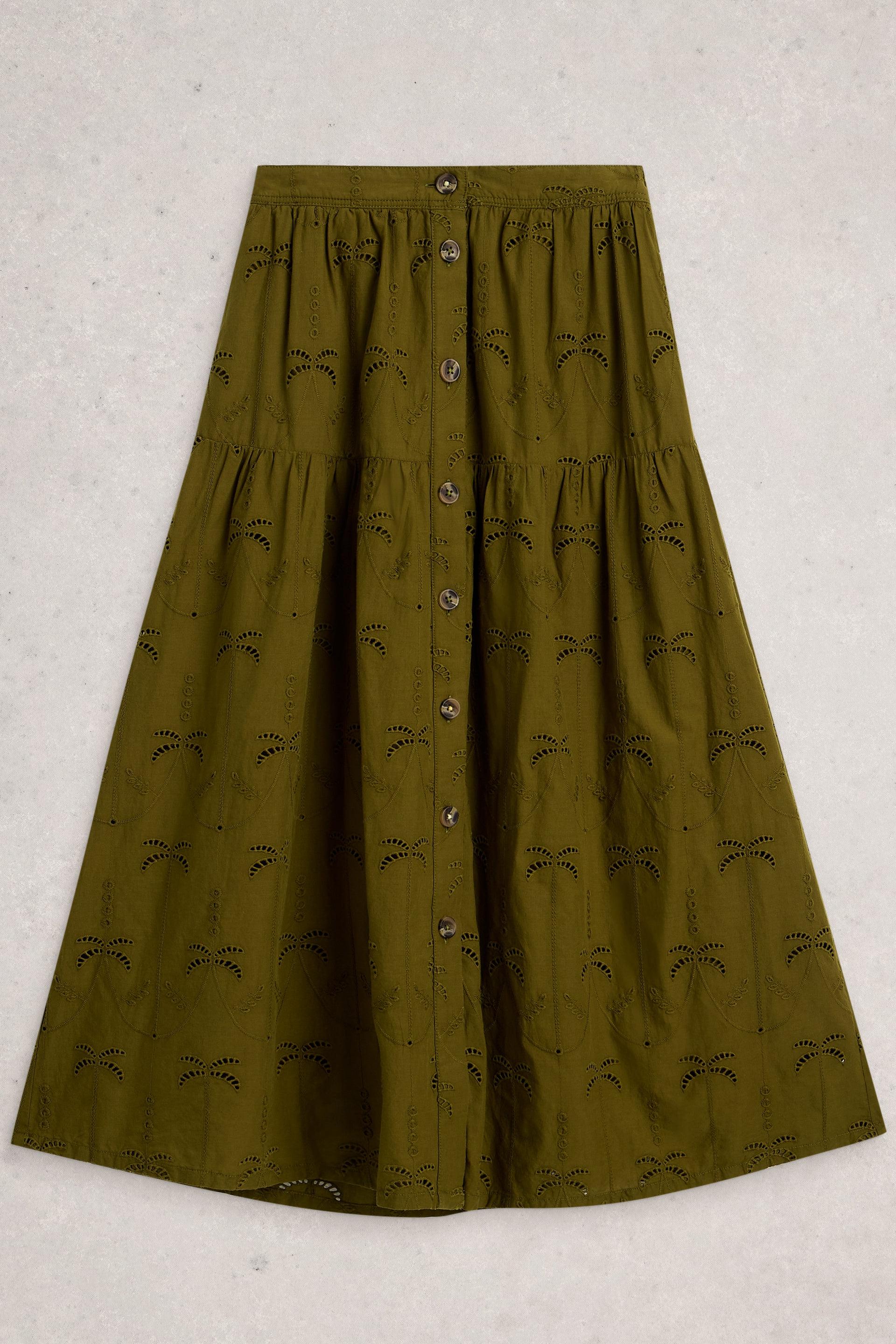 An olive green midi skirt with button-down front and intricate broderie anglaise detailing.