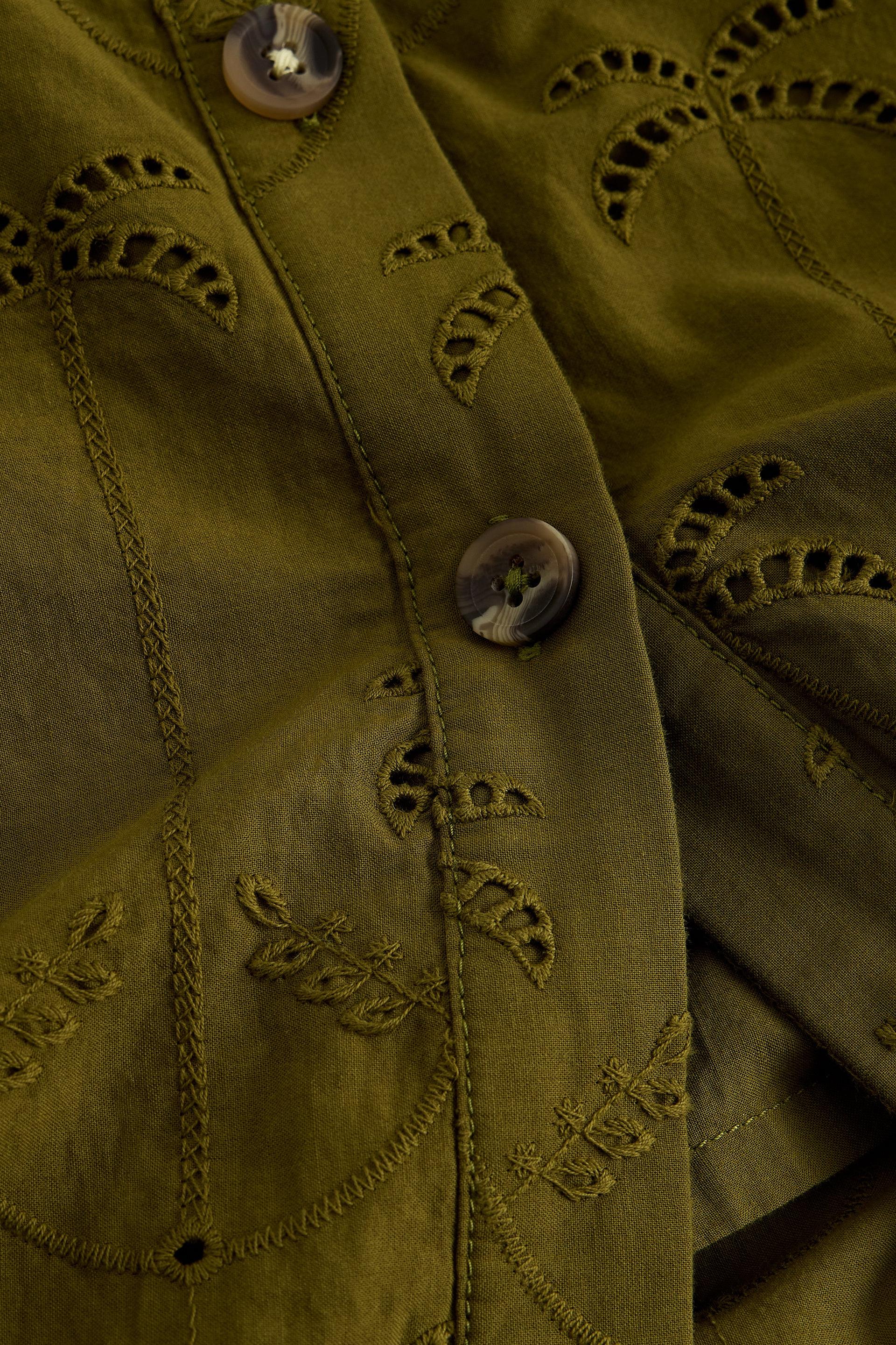Close-up of an olive green organic cotton broderie skirt featuring palm tree embroidery and tortoiseshell buttons.