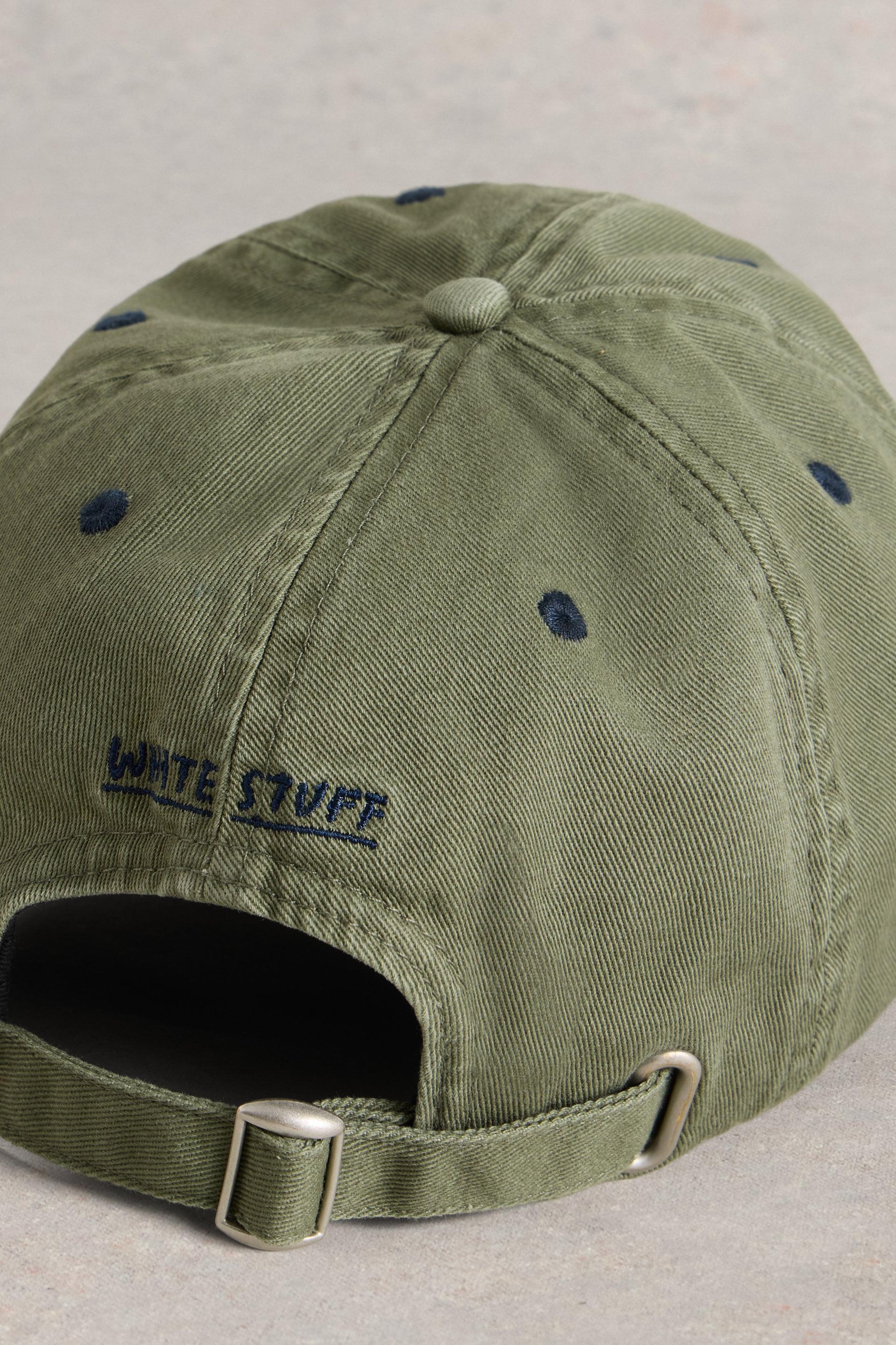 Khaki green baseball cap with White Stuff branding 