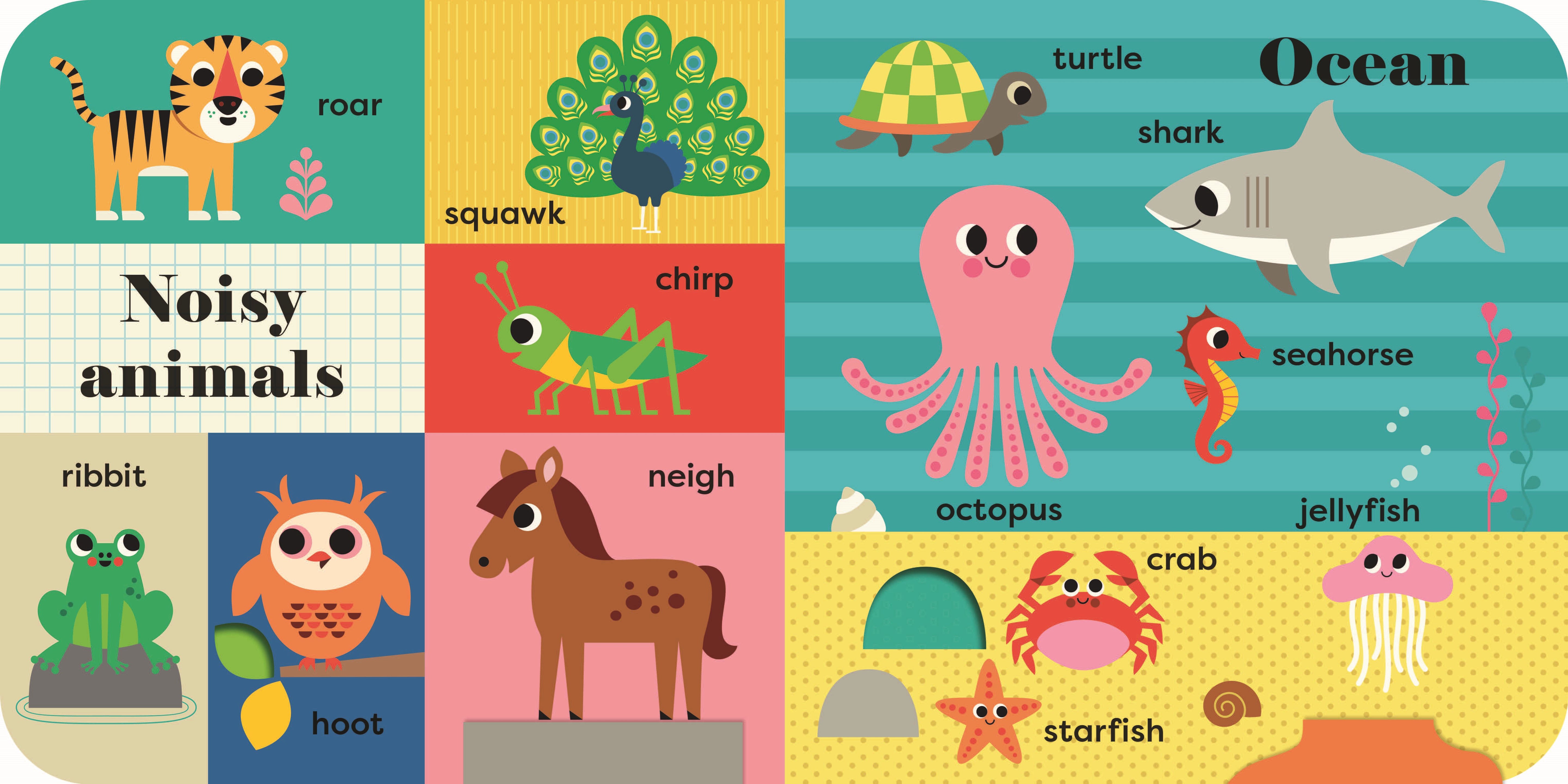 Educational chart for children showing cartoon animals with labels, including a tiger, peacock, turtle, and shark.