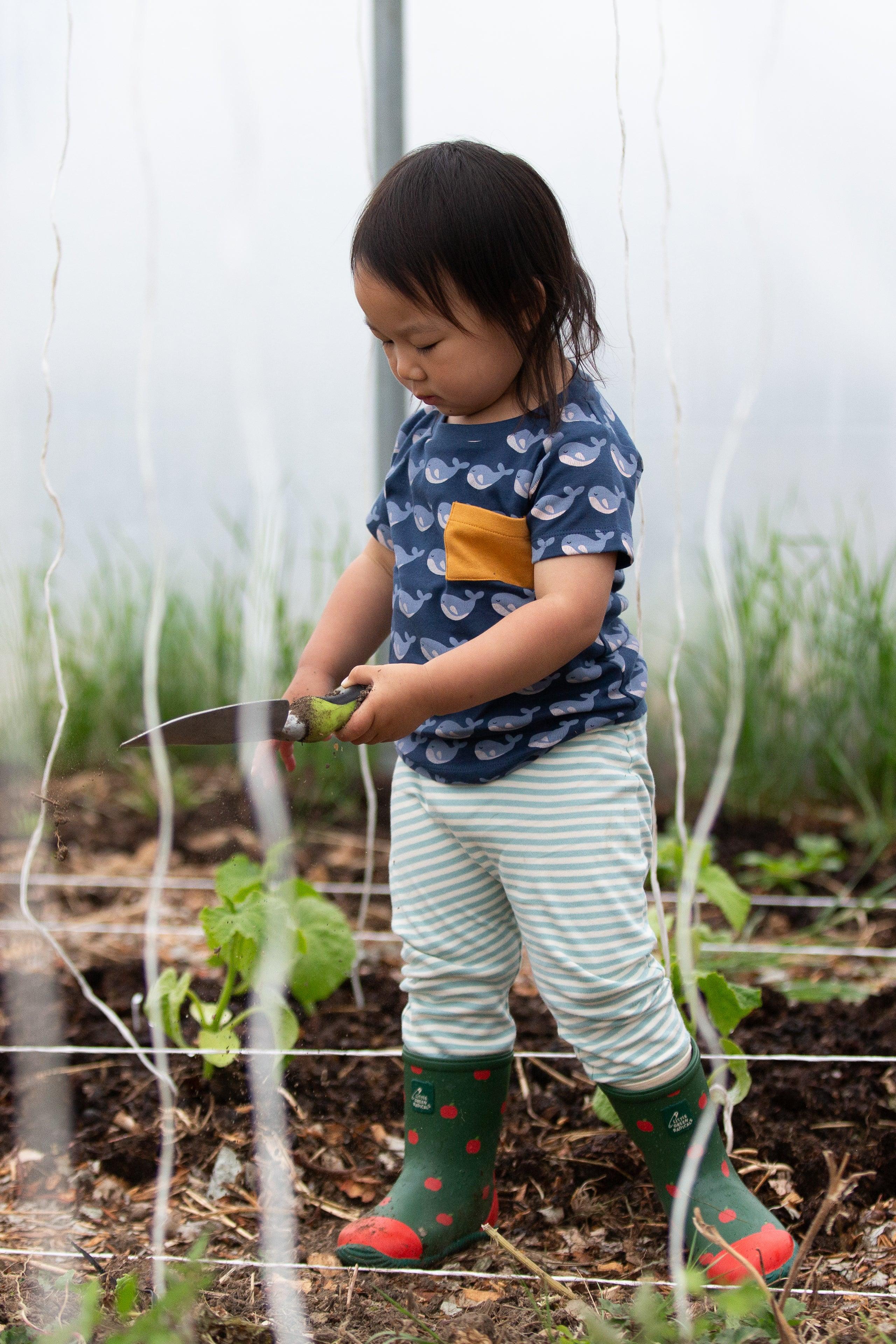 Child in a garden holding a tool, wearing a blue shirt with a yellow pocket and striped pants.