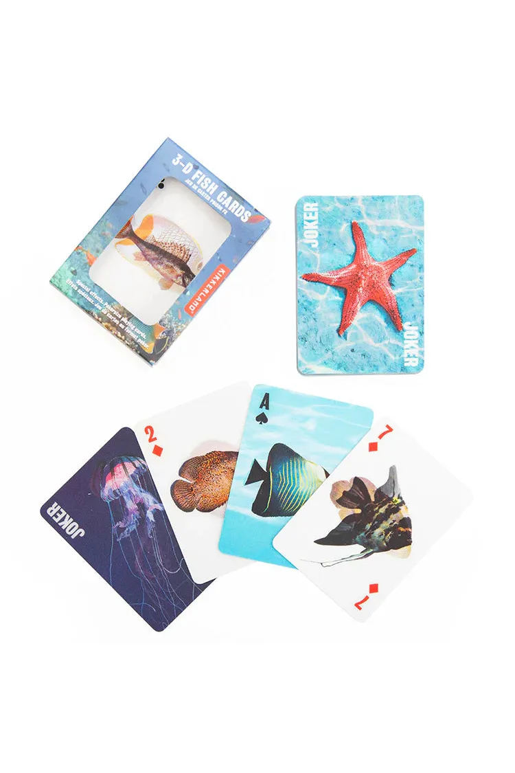 Set of 3D fish-themed playing cards with a starfish card and packaging on a white background.
