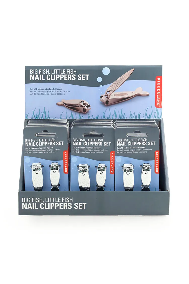 Display of 'Big Fish, Little Fish' nail clippers set packaging with Kikkerland branding.