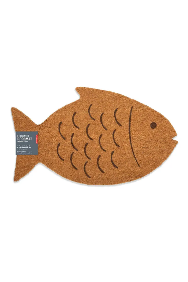 Fish-shaped doormat with a brown color on a white background
