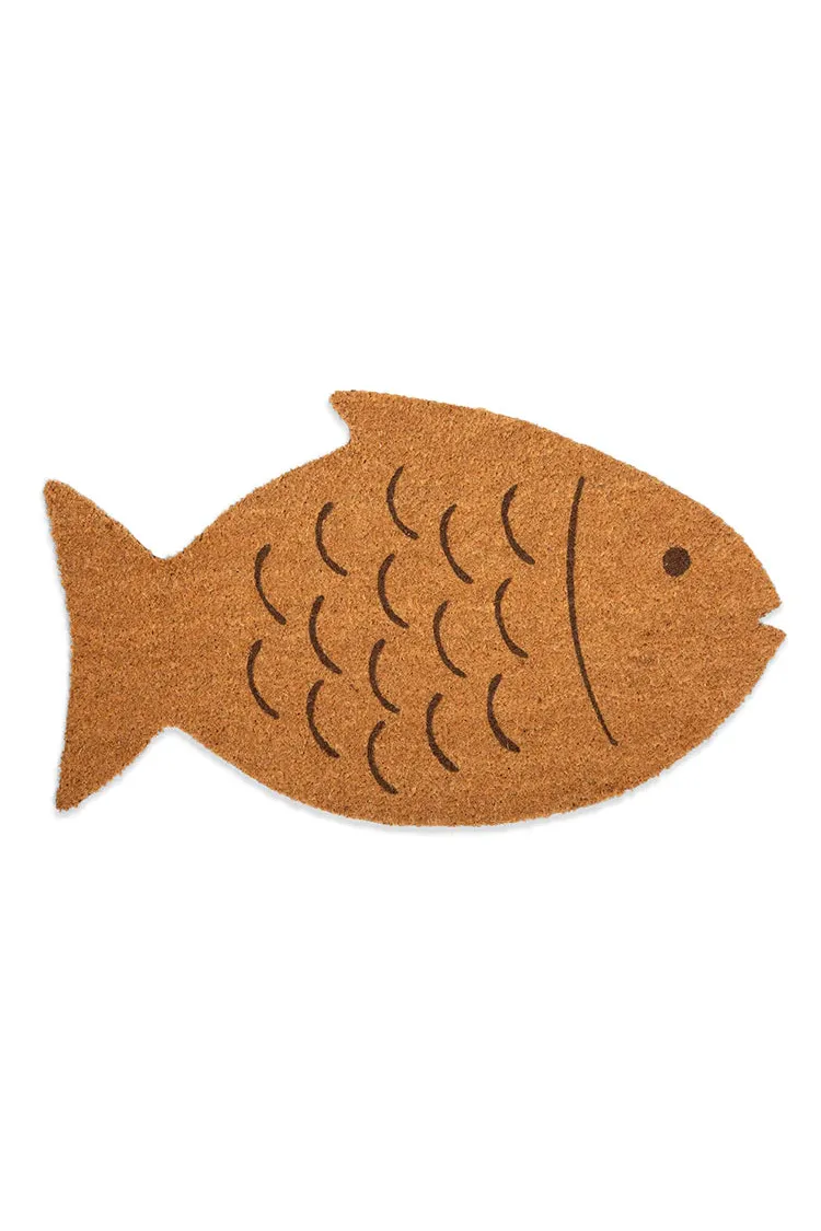 Fish-shaped doormat with brown and black design on a white background