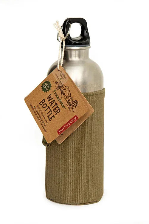 Silver water bottle with a green fabric sleeve and tag on a white background