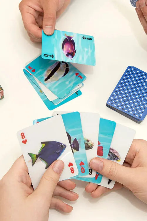 Playing cards with fish illustrations on a white surface