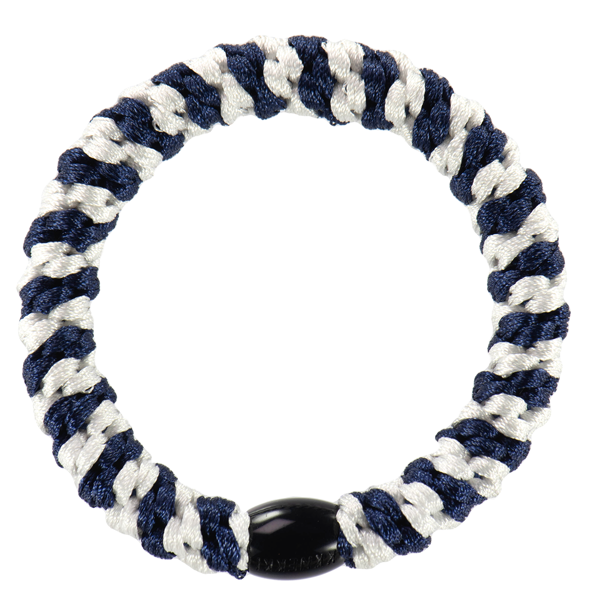 A round braided Kknekki hair tie with navy blue and white woven fabric patterns and a black plastic bead