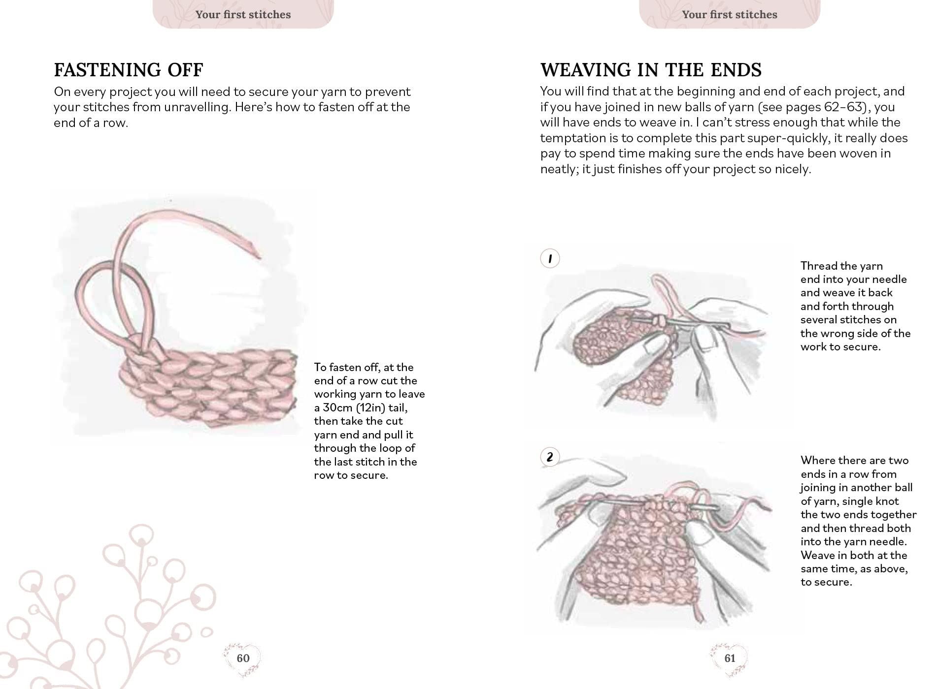 Page from a craft book showing instructions on fastening off yarn and weaving ends, with illustrations and text.