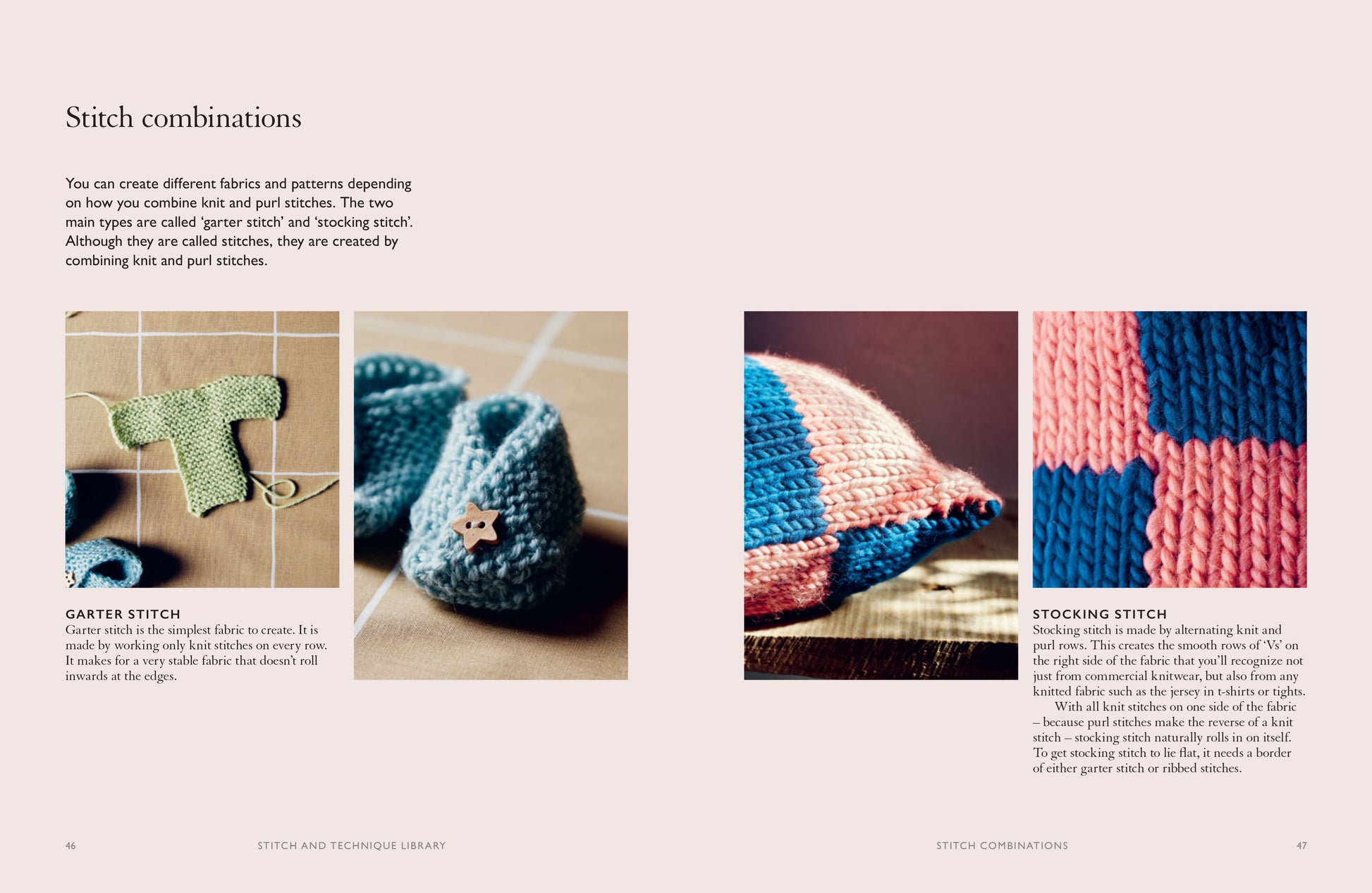 A educational page showing examples of garter stitch and stocking stitch knitting techniques.