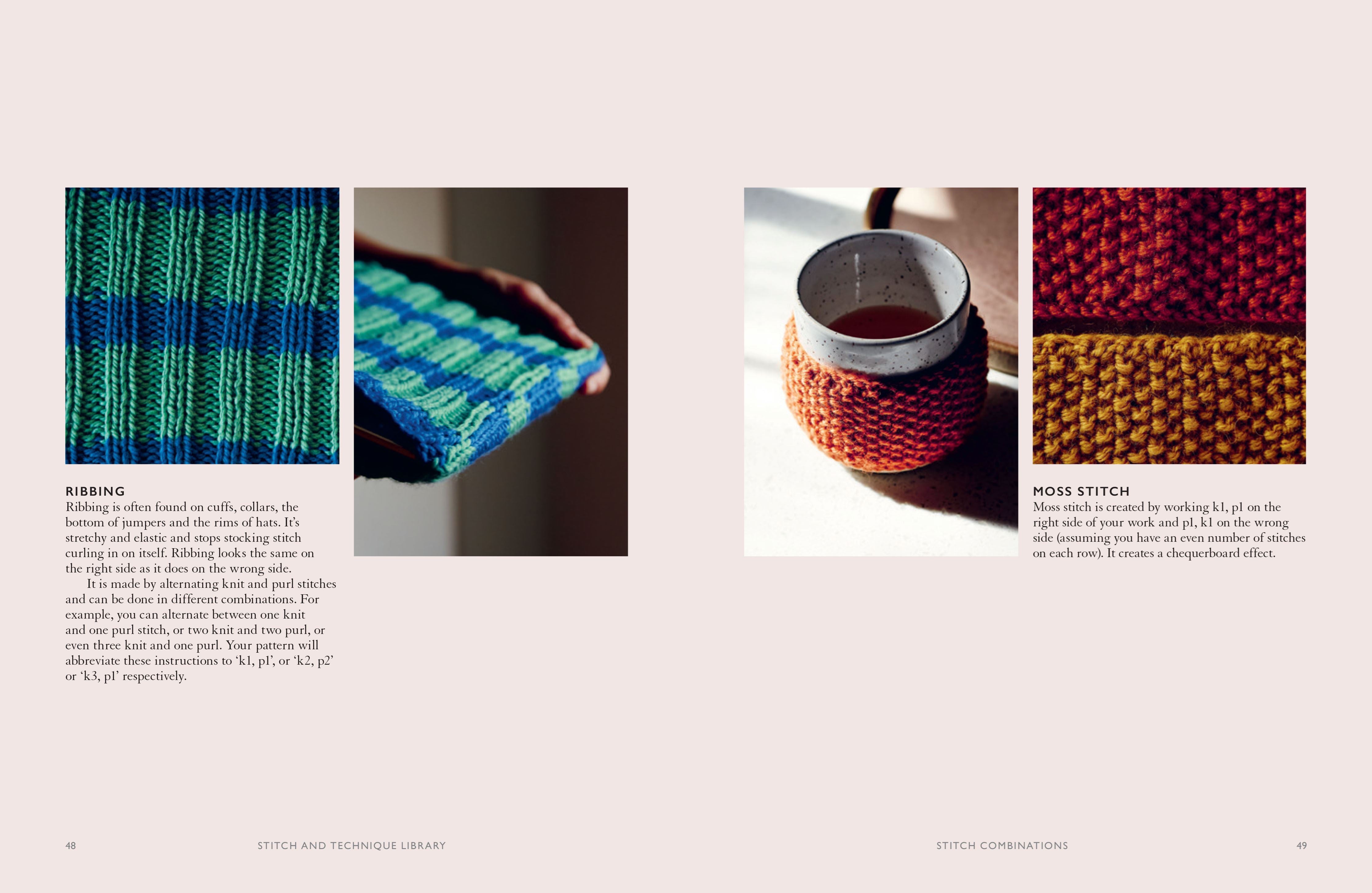 Knitting guide page showing blue green ribbing and orange textured moss stitch samples.