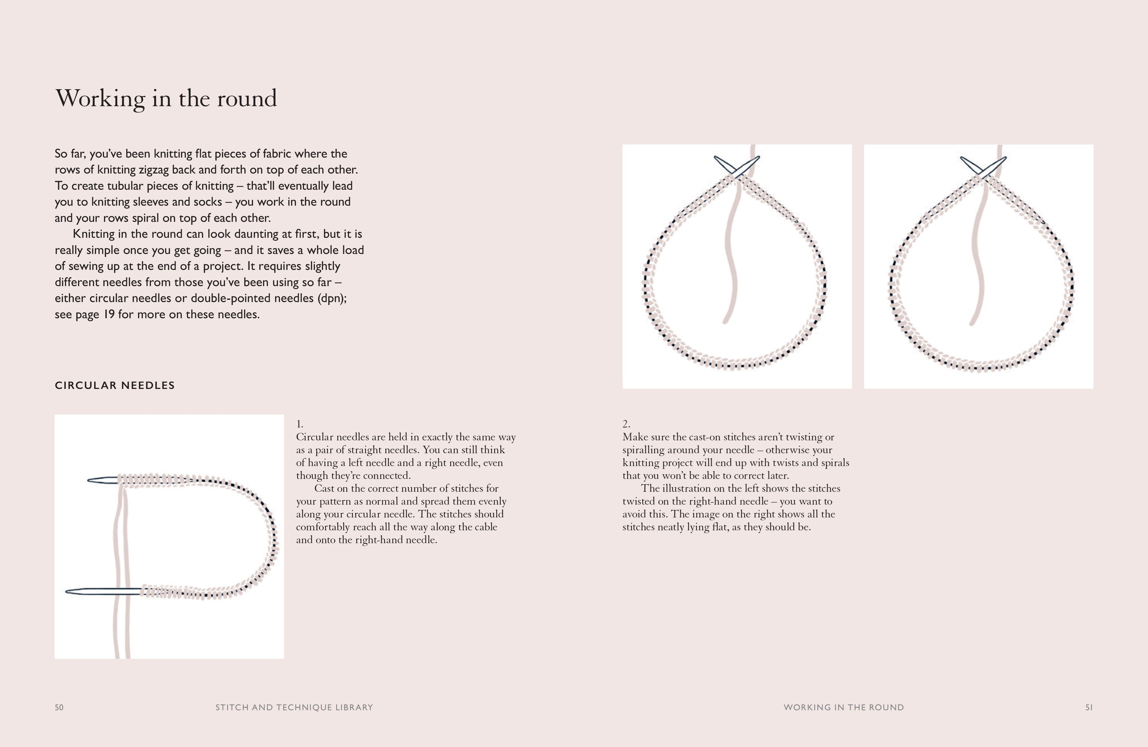 Instructional diagrams for knitting in the round using circular needles and avoiding twisted stitches.