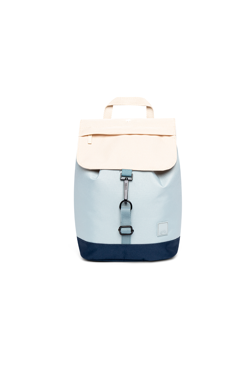 Backpack with beige top section and blue bottom section on a white background