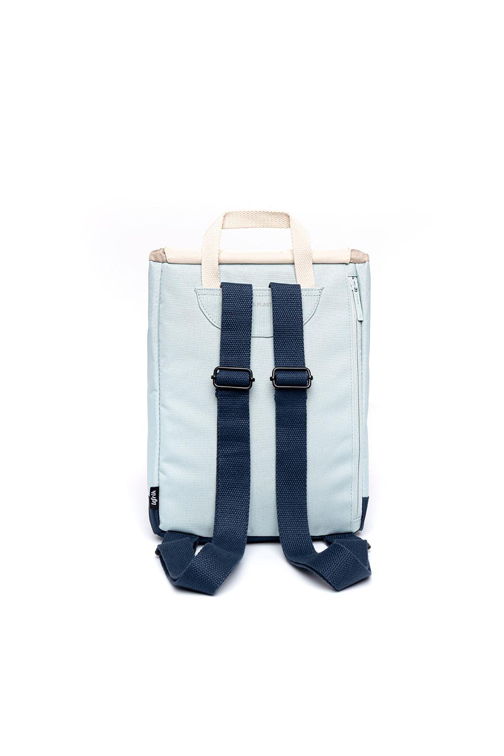 Light blue backpack with navy straps on a white background