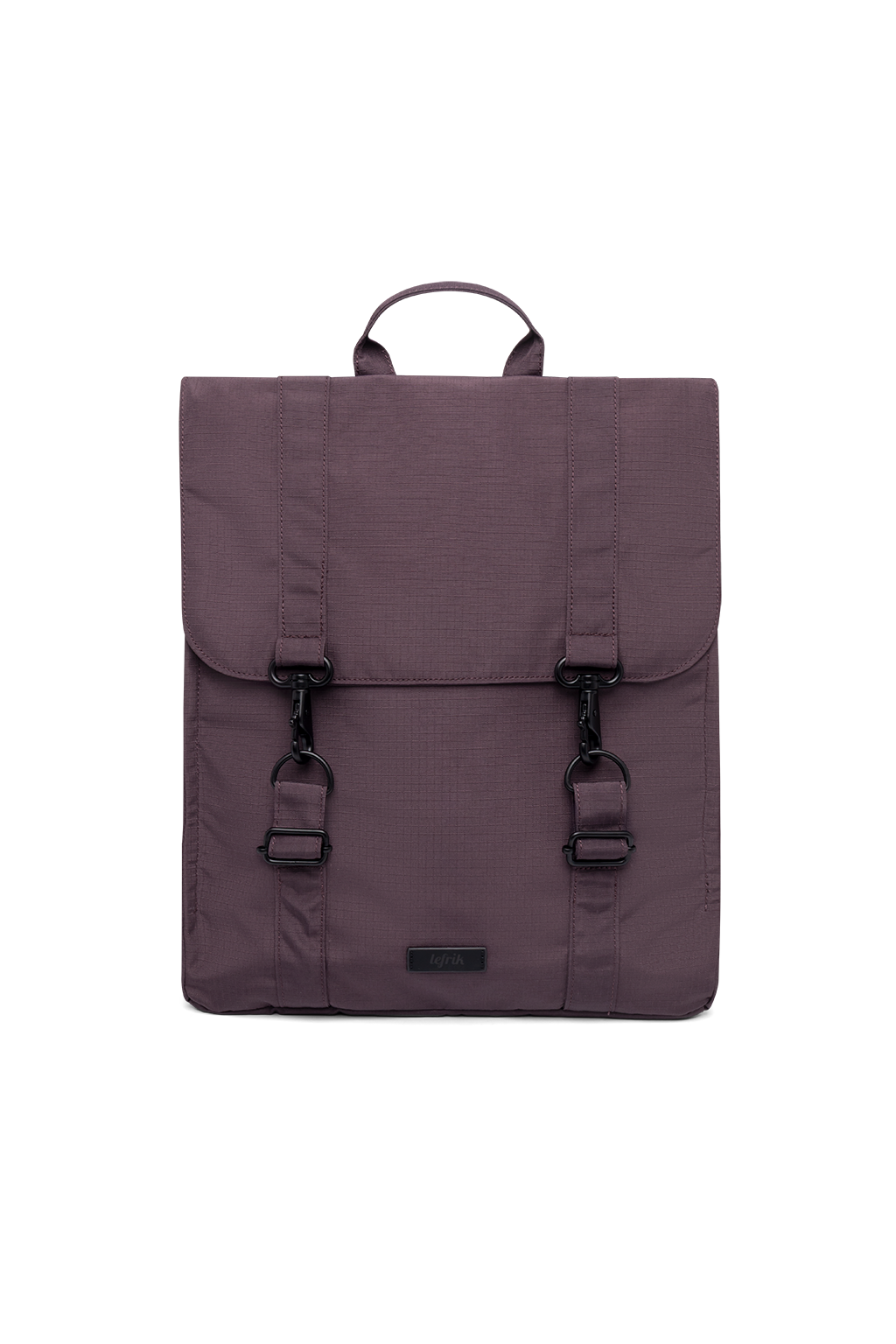 A dark plum purple backpack with a top handle, front flap pocket, and black plastic buckle clips, shown against a plain white background.