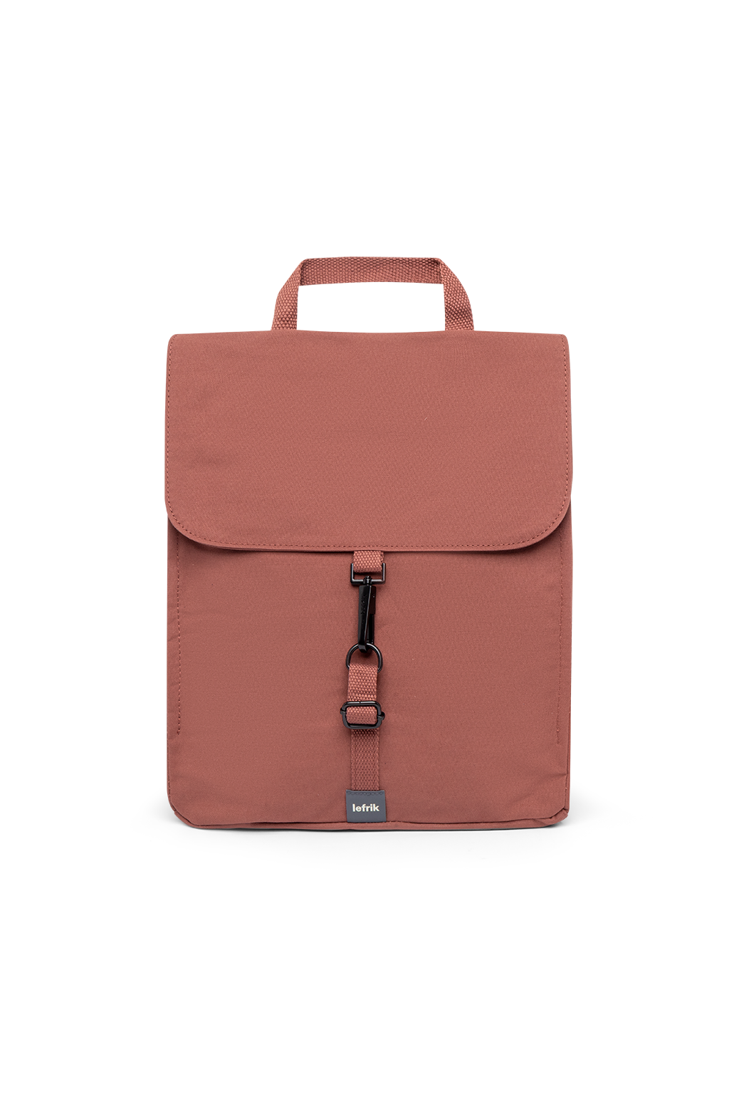 Brown backpack with a visible brand label on a white background