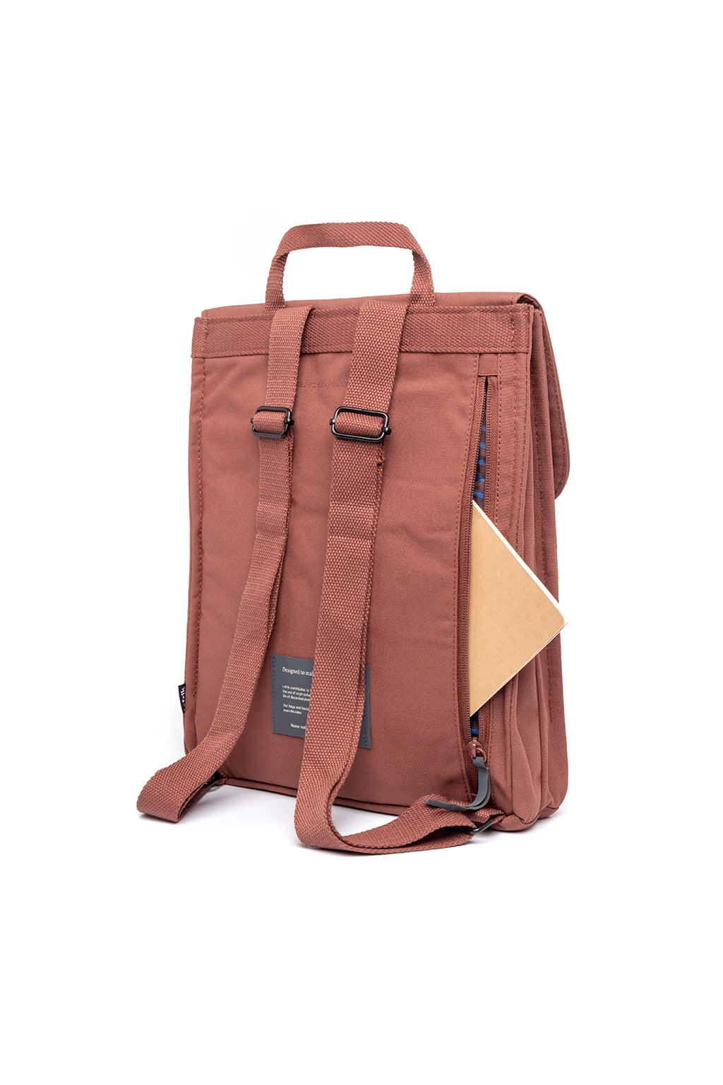 Brown backpack with a yellow document on a white background