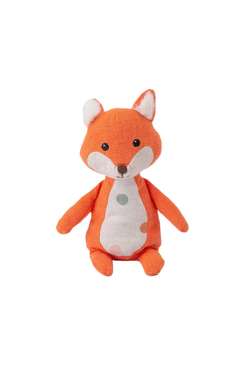 Stuffed toy fox with orange fur and white face on a white background