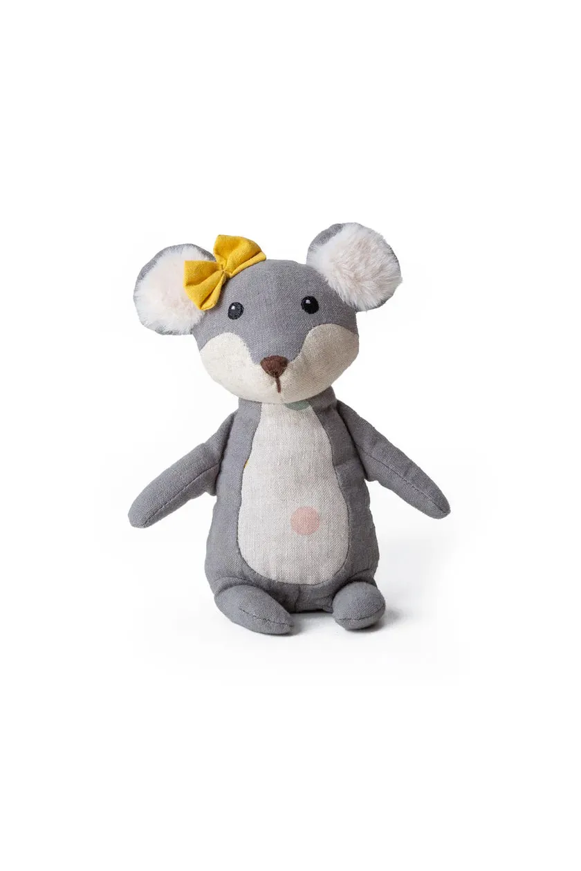 Gray plush mouse toy with a yellow bow on a white background