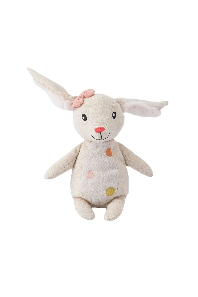 Plush toy rabbit with polka dot pattern on a white background