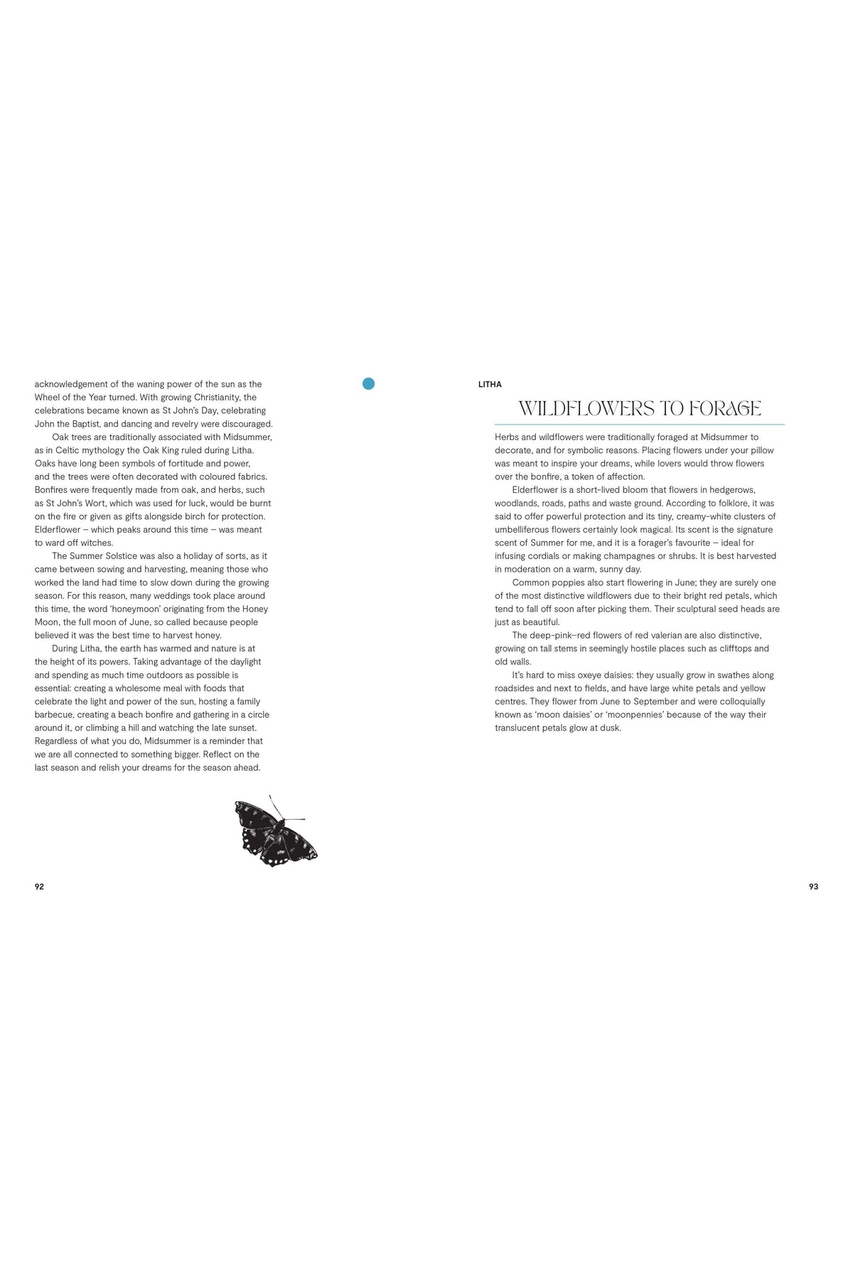 Open pages of a nature gift book featuring text about Litha and Midsummer foraging traditions.