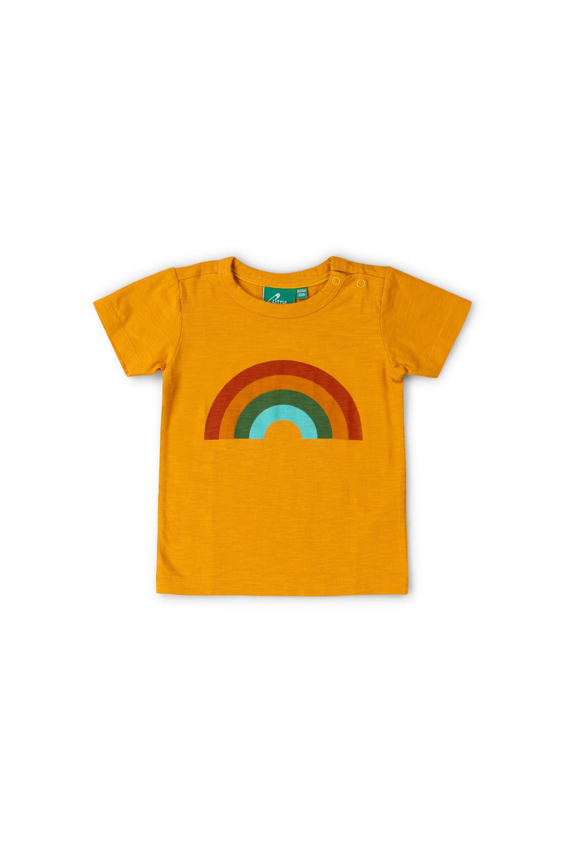 Yellow t-shirt with a colorful rainbow design on a white background