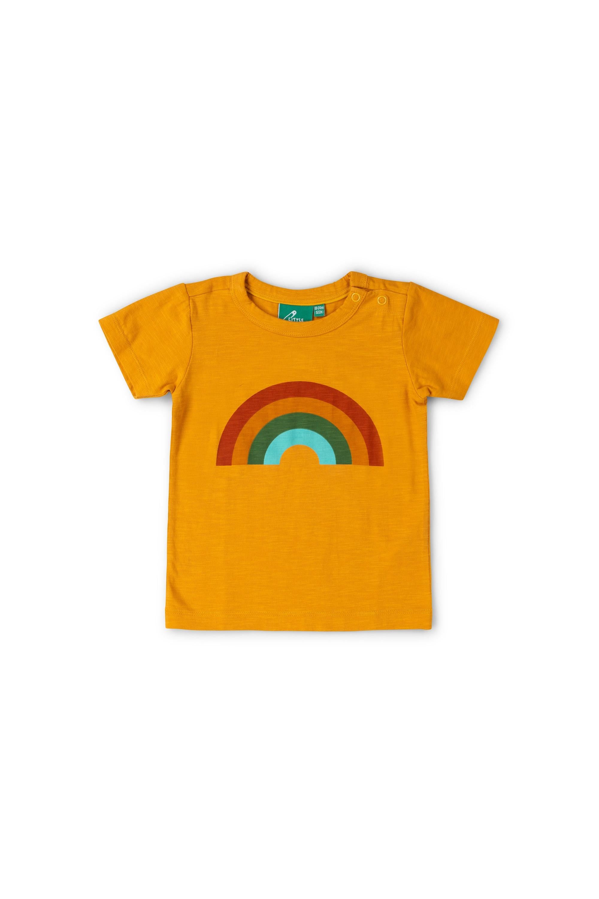 Yellow t-shirt with a colorful rainbow design on a white background