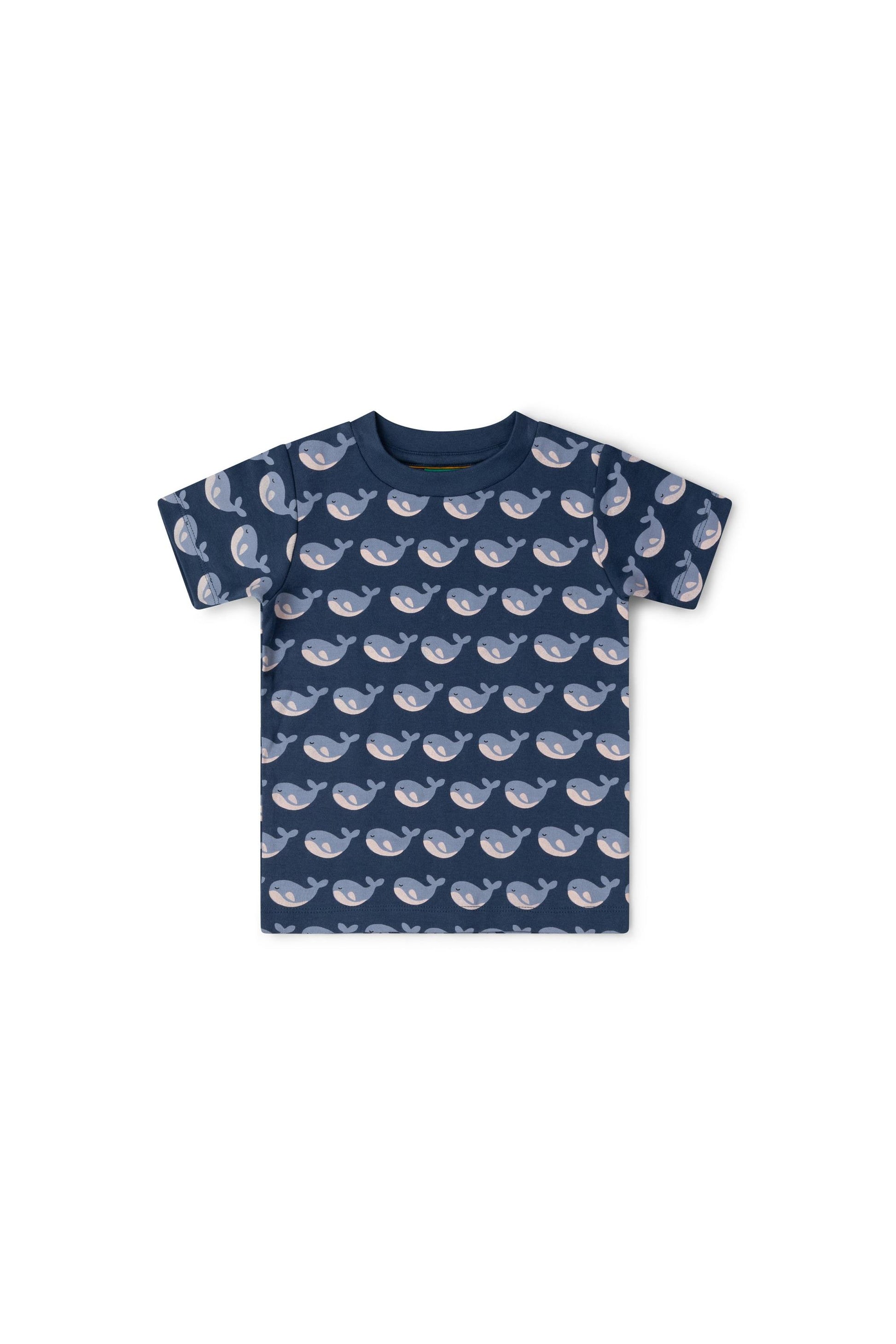 Navy blue t-shirt with whale pattern on a white background