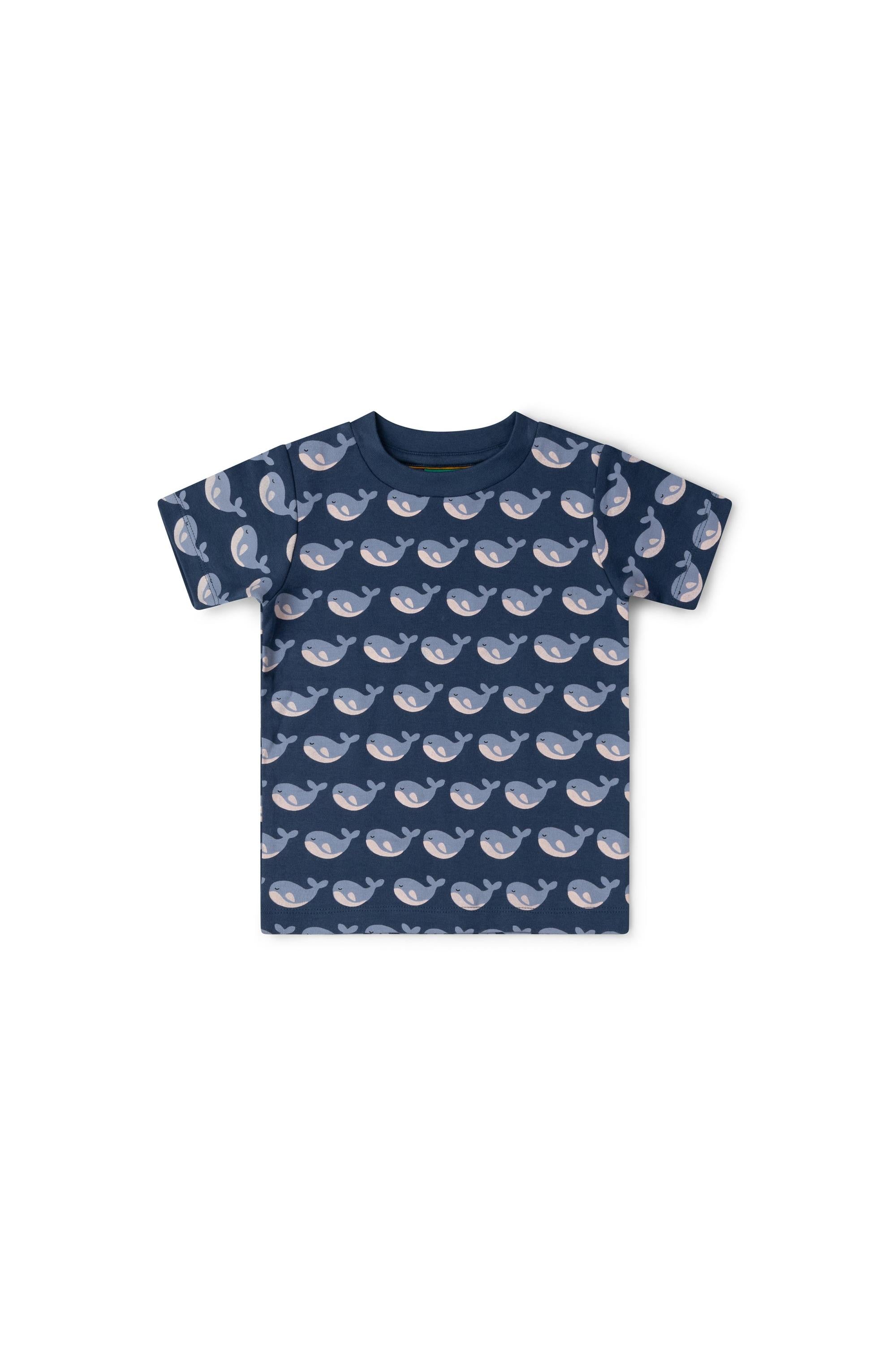 Navy blue t-shirt with whale pattern on a white background