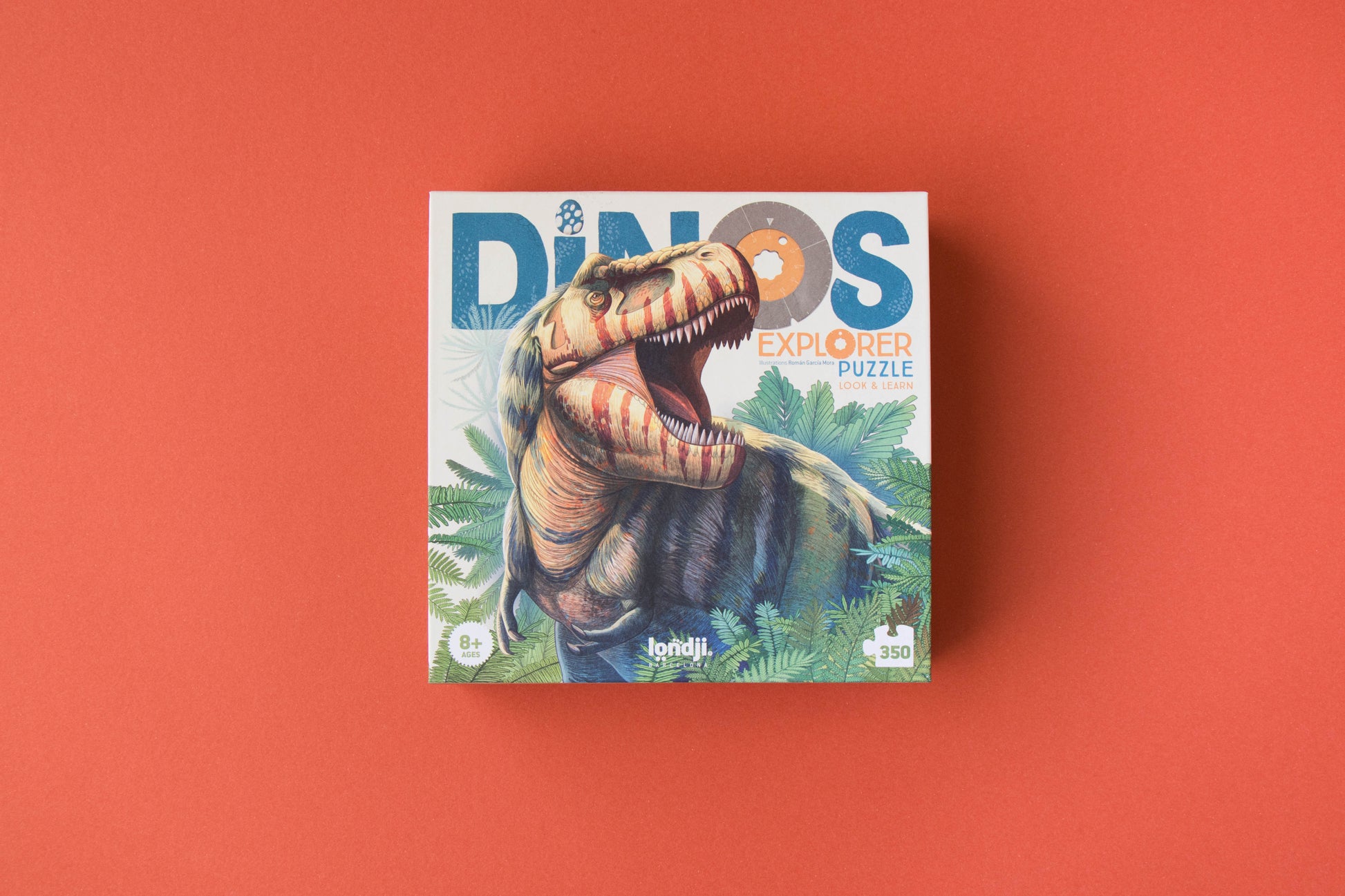 Dinosaur-themed puzzle box on a red background