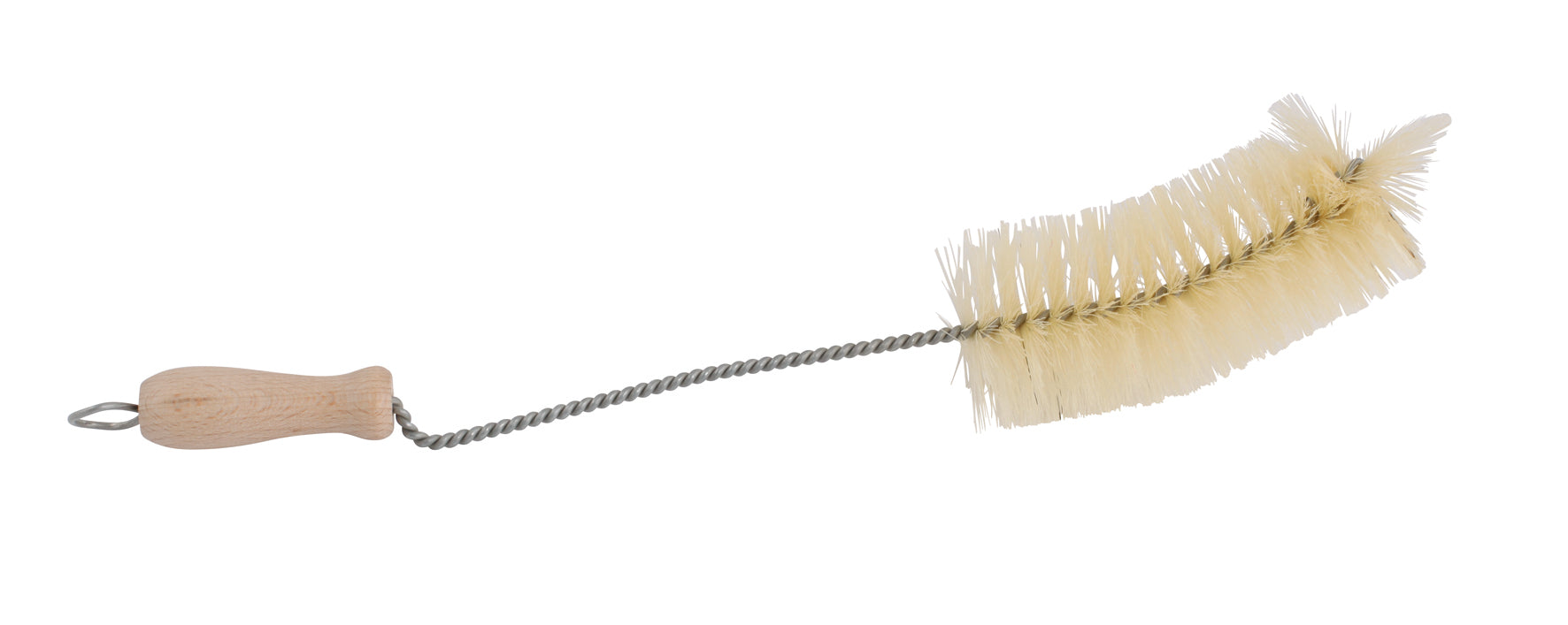 Bottle brush with wooden handle and wire bristles on a white background