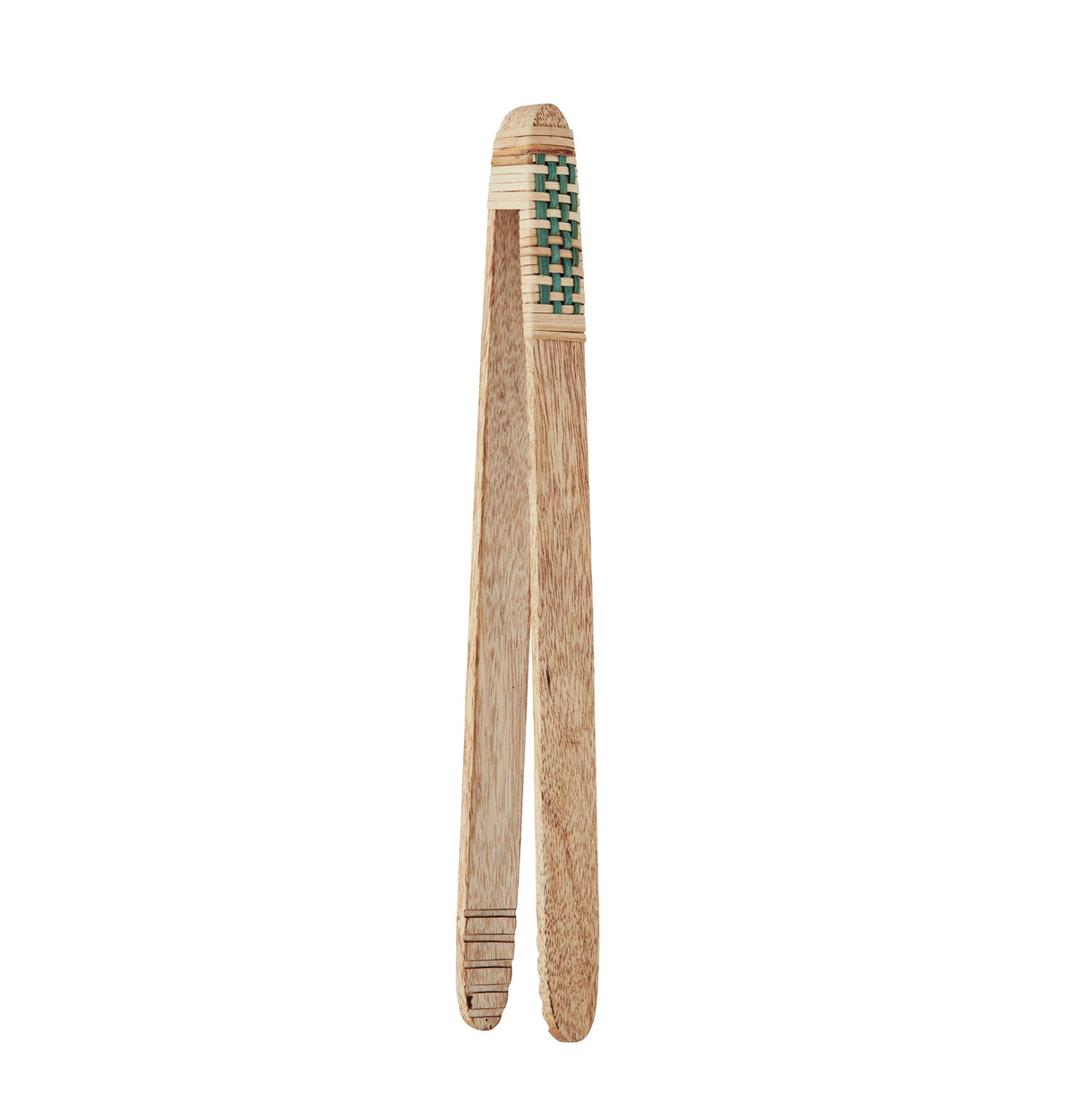 Madam Stoltz bamboo serving tongs with woven green accent detail isolated on white background.