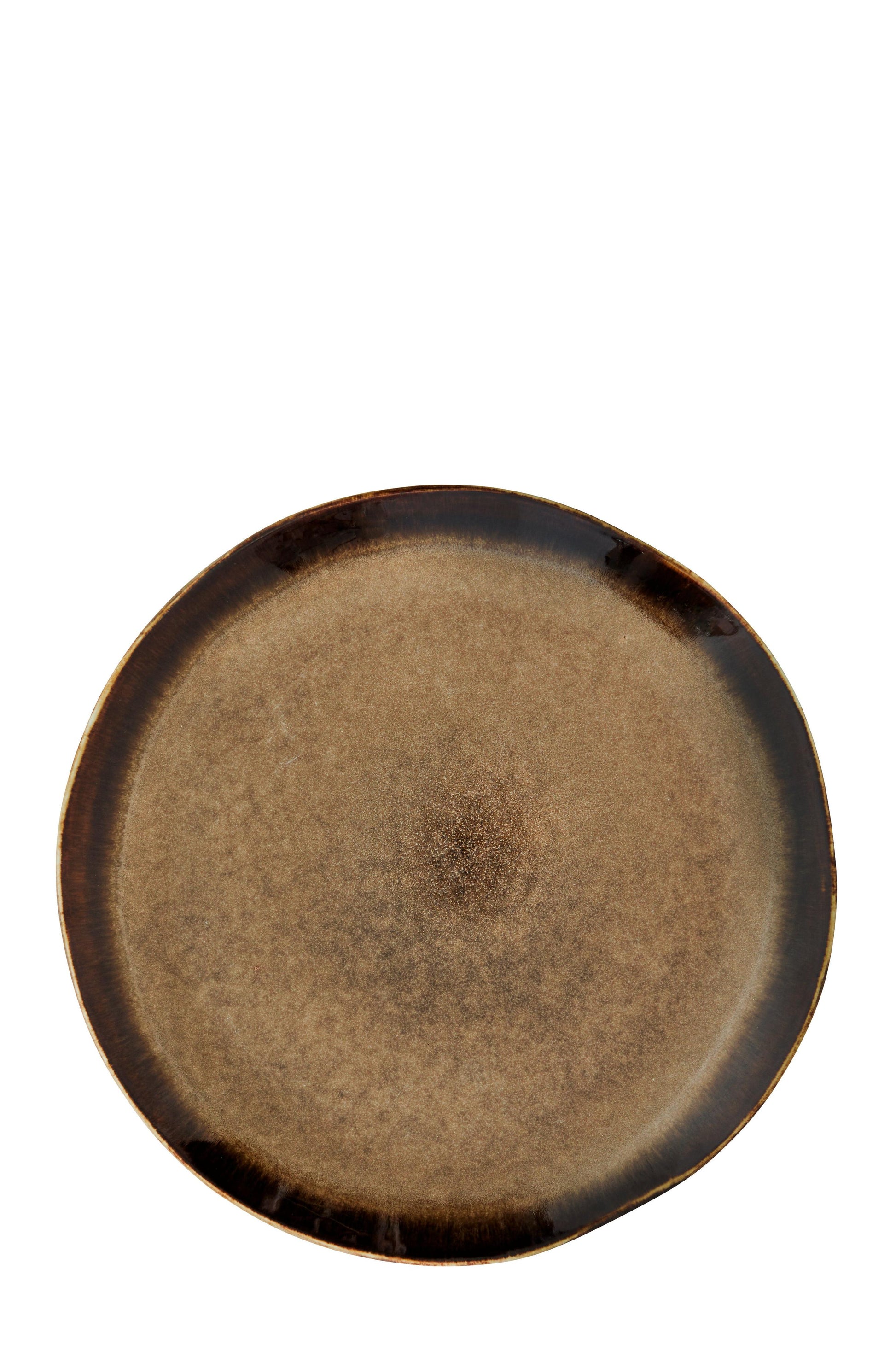 Brown ceramic plate with black rim on a white background