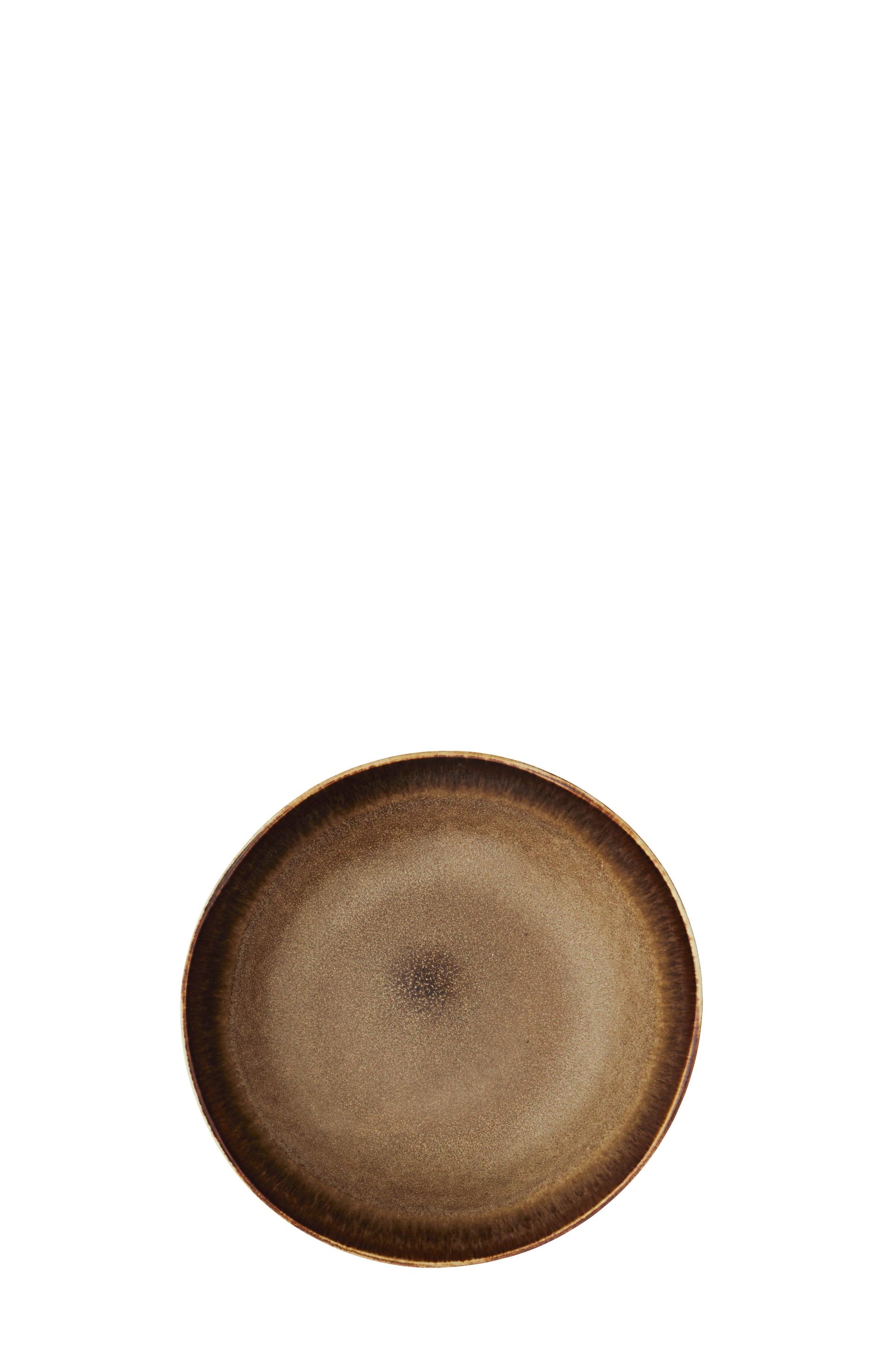 Round ceramic plate with a brownish-grey glaze on a white background